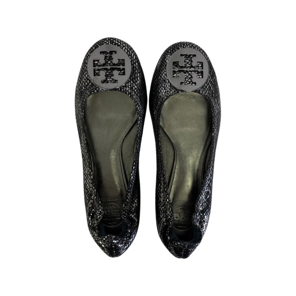 Tory Burch Black Snake Skin Print Reva Flats - Picture 5 of 7